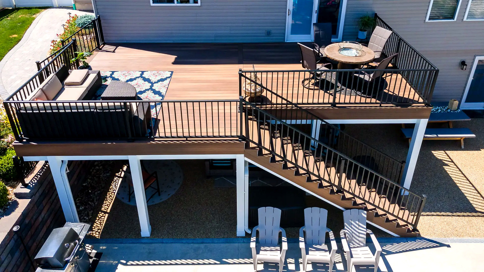 Aerial view of multi-zone backyard deck — Connecticut carpentry project