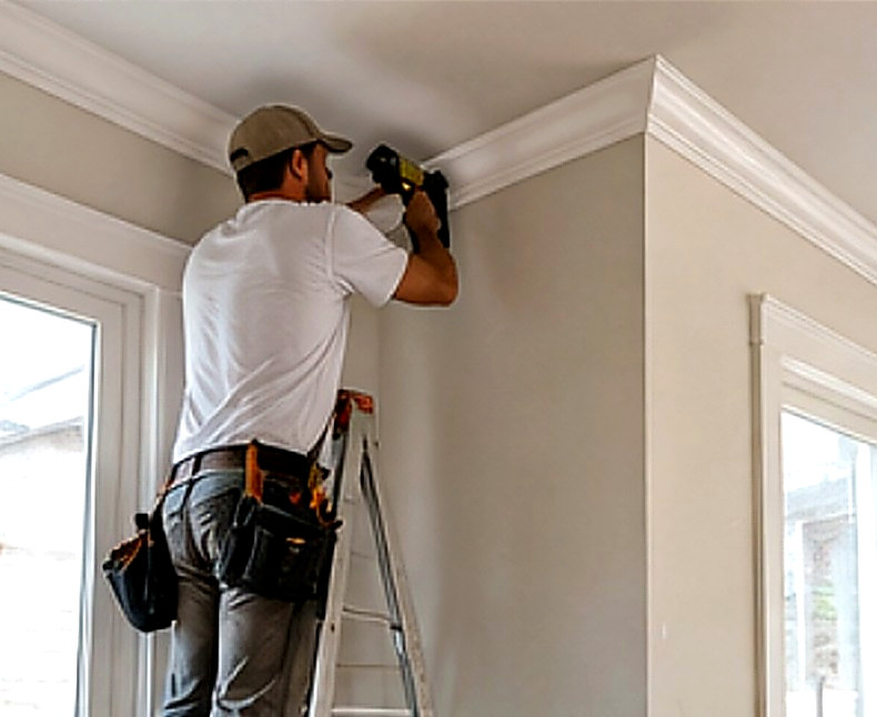 Carpenter installing crown molding with finish nailer — Connecticut carpentry project