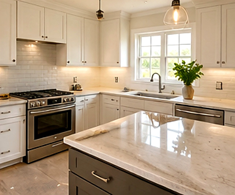 Finished luxury kitchen with marble island — Connecticut carpentry project