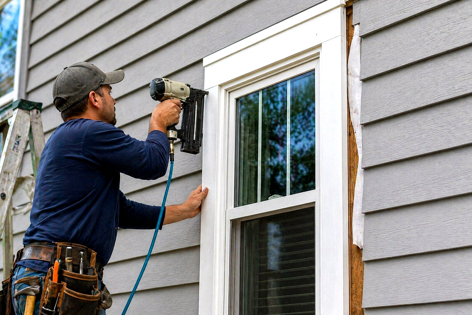 Carpenter installing exterior window trim — Connecticut carpentry project